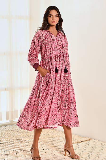Buy Moontara Pink Cotton Round Neck Ikat Print Tiered Dress Online at Aza Fashions Buy_Moontara_Pink Cotton Round Neck Ikat Print Tiered Dress _Online_at_Aza_Fashions