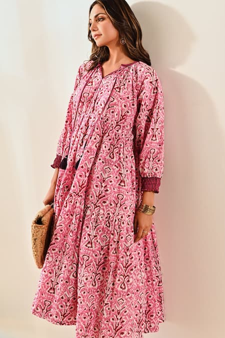 Shop Moontara Pink Cotton Round Neck Ikat Print Tiered Dress Online at Aza Fashions Shop_Moontara_Pink Cotton Round Neck Ikat Print Tiered Dress _Online_at_Aza_Fashions