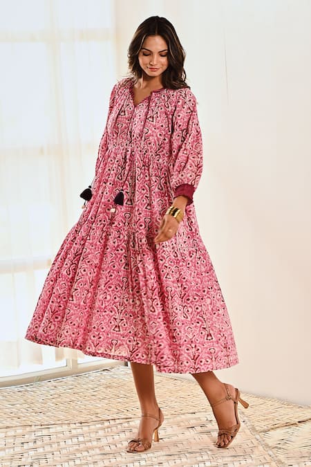 Moontara Pink Cotton Round Neck Ikat Print Tiered Dress at Aza Fashions Moontara_Pink Cotton Round Neck Ikat Print Tiered Dress _at_Aza_Fashions