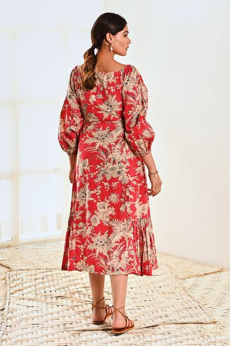 Shop Moontara Red Cotton V-neck Floral Print Empire Dress at Aza Fashions Shop_Moontara_Red Cotton V-neck Floral Print Empire Dress _at_Aza_Fashions