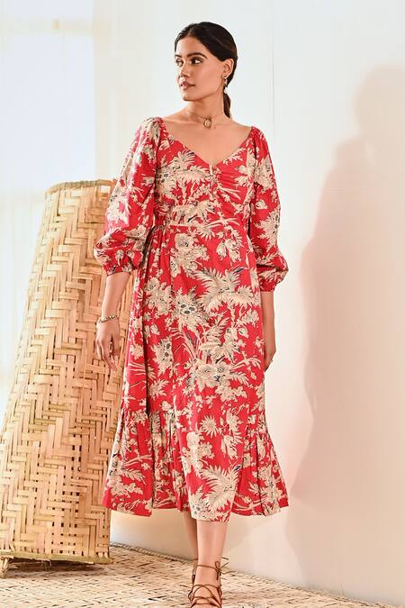 Moontara Red Cotton V-neck Floral Print Empire Dress Online at Aza Fashions Moontara_Red Cotton V-neck Floral Print Empire Dress _Online_at_Aza_Fashions