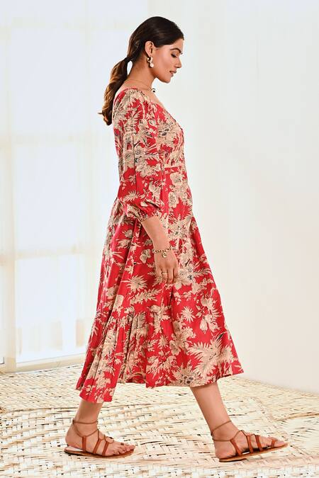 Buy Moontara Red Cotton V-neck Floral Print Empire Dress Online at Aza Fashions Buy_Moontara_Red Cotton V-neck Floral Print Empire Dress _Online_at_Aza_Fashions