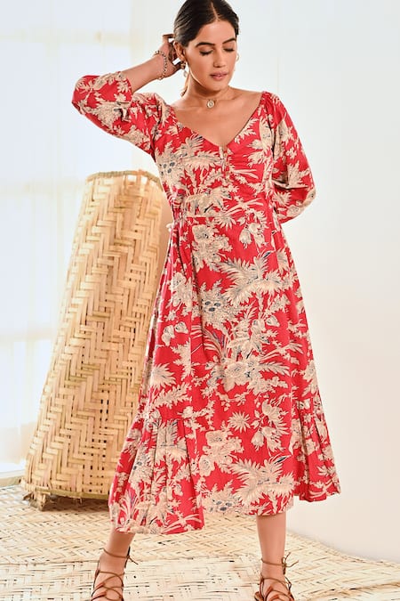 Shop Moontara Red Cotton V-neck Floral Print Empire Dress Online at Aza Fashions Shop_Moontara_Red Cotton V-neck Floral Print Empire Dress _Online_at_Aza_Fashions