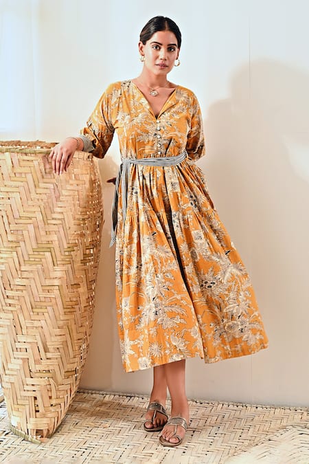 MoonTara Yellow Cotton Printed Floral Lapel Collar Tiered Dress  