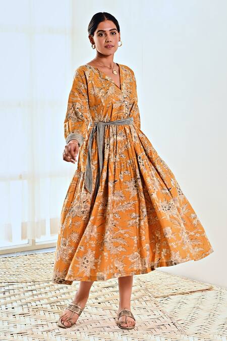 Moontara Yellow Cotton Embroidery Collared Floral Print Tiered Dress Online at Aza Fashions Moontara_Yellow Cotton Embroidery Collared Floral Print Tiered Dress _Online_at_Aza_Fashions