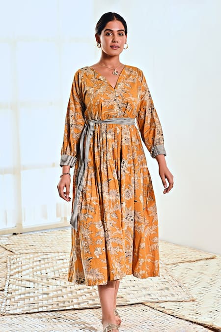 Buy Moontara Yellow Cotton Embroidery Collared Floral Print Tiered Dress Online at Aza Fashions Buy_Moontara_Yellow Cotton Embroidery Collared Floral Print Tiered Dress _Online_at_Aza_Fashions