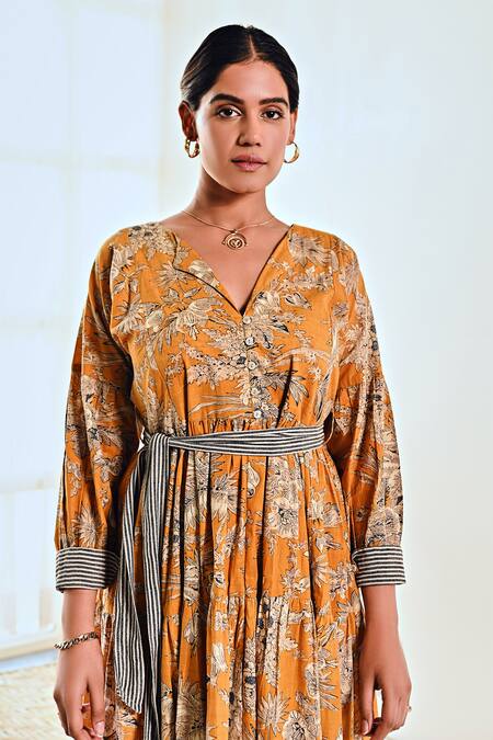 Shop Moontara Yellow Cotton Embroidery Collared Floral Print Tiered Dress Online at Aza Fashions Shop_Moontara_Yellow Cotton Embroidery Collared Floral Print Tiered Dress _Online_at_Aza_Fashions