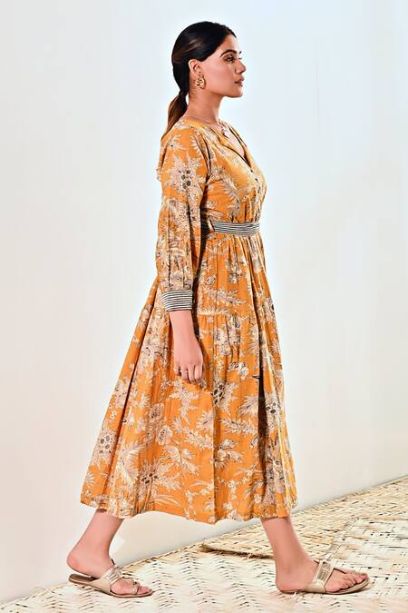 Moontara Yellow Cotton Embroidery Collared Floral Print Tiered Dress at Aza Fashions Moontara_Yellow Cotton Embroidery Collared Floral Print Tiered Dress _at_Aza_Fashions