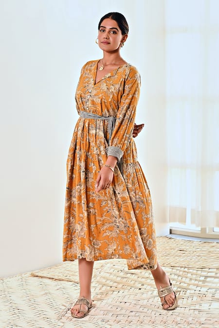 Buy Moontara Yellow Cotton Embroidery Collared Floral Print Tiered Dress Buy_Moontara_Yellow Cotton Embroidery Collared Floral Print Tiered Dress