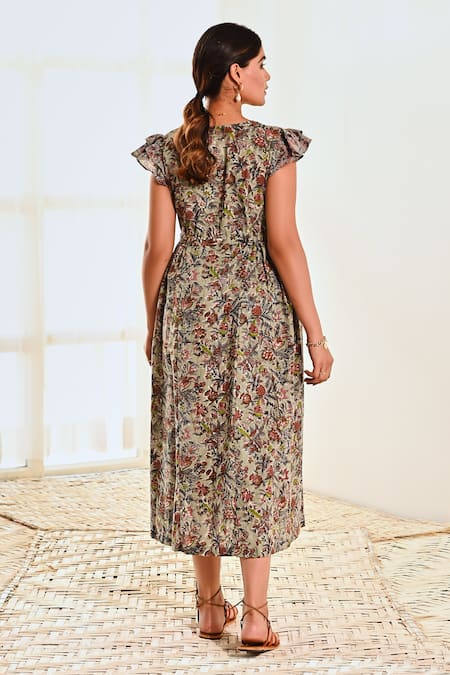 Shop Moontara Blue Cotton V-neck Botanical Print Midi Dress at Aza Fashions Shop_Moontara_Blue Cotton V-neck Botanical Print Midi Dress _at_Aza_Fashions