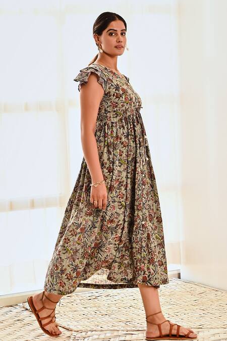 Moontara Blue Cotton V-neck Botanical Print Midi Dress Online at Aza Fashions Moontara_Blue Cotton V-neck Botanical Print Midi Dress _Online_at_Aza_Fashions