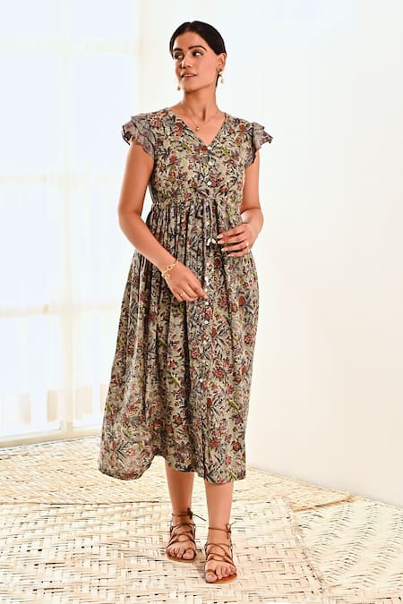 Buy Moontara Blue Cotton V-neck Botanical Print Midi Dress Online at Aza Fashions Buy_Moontara_Blue Cotton V-neck Botanical Print Midi Dress _Online_at_Aza_Fashions