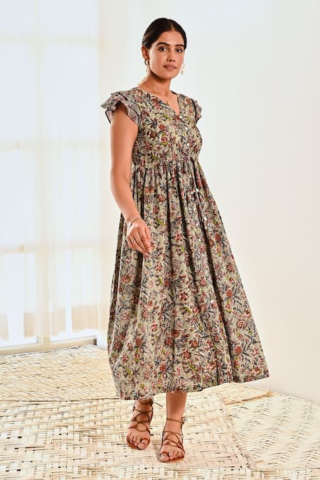 Shop Moontara Blue Cotton V-neck Botanical Print Midi Dress Online at Aza Fashions Shop_Moontara_Blue Cotton V-neck Botanical Print Midi Dress _Online_at_Aza_Fashions