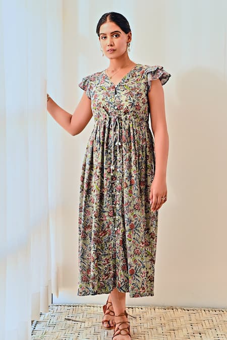 Moontara Blue Cotton V-neck Botanical Print Midi Dress at Aza Fashions Moontara_Blue Cotton V-neck Botanical Print Midi Dress _at_Aza_Fashions
