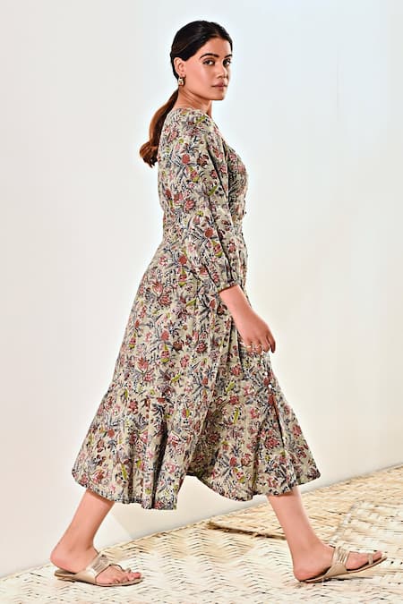 Buy_Moontara_Blue Cotton Square Neck Botanical Print Balloon Sleeve Dress _Online_at_Aza_Fashions