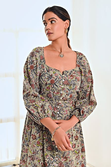 Shop_Moontara_Blue Cotton Square Neck Botanical Print Balloon Sleeve Dress _Online_at_Aza_Fashions