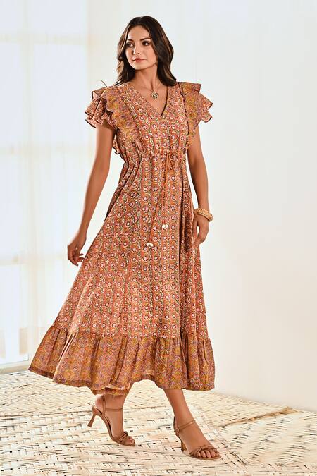 Moontara Orange Cotton V-neck Printed Ruffle Yoke Tiered Dress Online at Aza Fashions Moontara_Orange Cotton V-neck Printed Ruffle Yoke Tiered Dress _Online_at_Aza_Fashions