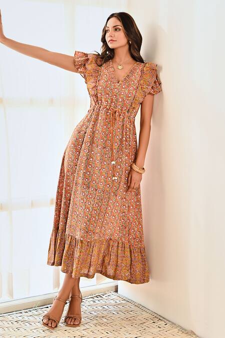 Buy Moontara Orange Cotton V-neck Printed Ruffle Yoke Tiered Dress Online at Aza Fashions Buy_Moontara_Orange Cotton V-neck Printed Ruffle Yoke Tiered Dress _Online_at_Aza_Fashions