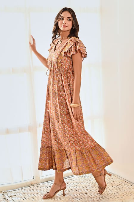 Moontara Orange Cotton V-neck Printed Ruffle Yoke Tiered Dress at Aza Fashions Moontara_Orange Cotton V-neck Printed Ruffle Yoke Tiered Dress _at_Aza_Fashions