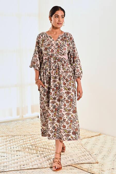 Moontara_White Cotton Round Neck Block Print Balloon Sleeve Dress _Online_at_Aza_Fashions