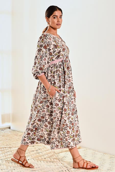 Buy_Moontara_White Cotton Round Neck Block Print Balloon Sleeve Dress _Online_at_Aza_Fashions
