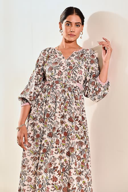 Shop_Moontara_White Cotton Round Neck Block Print Balloon Sleeve Dress _Online_at_Aza_Fashions