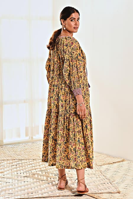 Shop Moontara Yellow Cotton Round Neck Liberty Print Tiered Dress at Aza Fashions Shop_Moontara_Yellow Cotton Round Neck Liberty Print Tiered Dress _at_Aza_Fashions