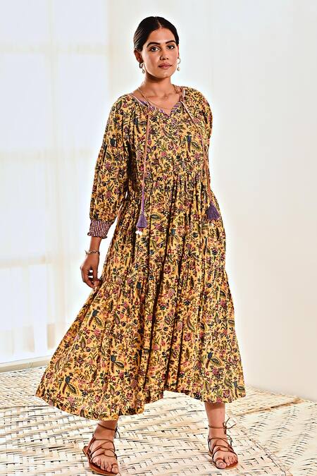 Moontara Yellow Cotton Round Neck Liberty Print Tiered Dress Online at Aza Fashions Moontara_Yellow Cotton Round Neck Liberty Print Tiered Dress _Online_at_Aza_Fashions