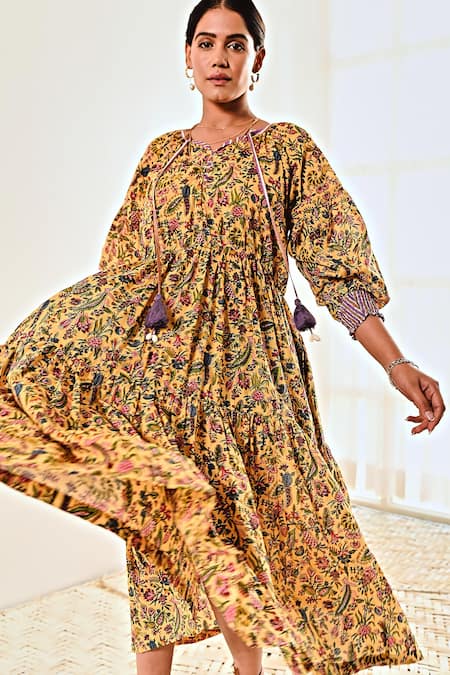 Buy Moontara Yellow Cotton Round Neck Liberty Print Tiered Dress Online at Aza Fashions Buy_Moontara_Yellow Cotton Round Neck Liberty Print Tiered Dress _Online_at_Aza_Fashions