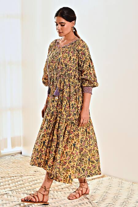 Shop Moontara Yellow Cotton Round Neck Liberty Print Tiered Dress Online at Aza Fashions Shop_Moontara_Yellow Cotton Round Neck Liberty Print Tiered Dress _Online_at_Aza_Fashions