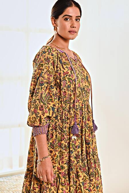 Moontara Yellow Cotton Round Neck Liberty Print Tiered Dress at Aza Fashions Moontara_Yellow Cotton Round Neck Liberty Print Tiered Dress _at_Aza_Fashions