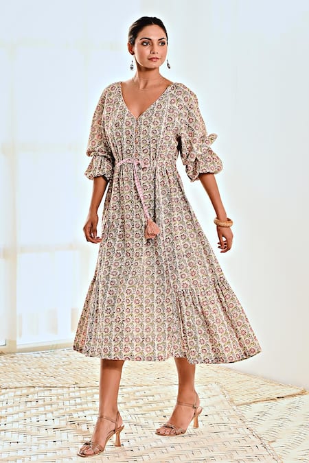 Moontara White Cotton V-neck Ditsy Print Balloon Sleeve Dress Online at Aza Fashions Moontara_White Cotton V-neck Ditsy Print Balloon Sleeve Dress _Online_at_Aza_Fashions