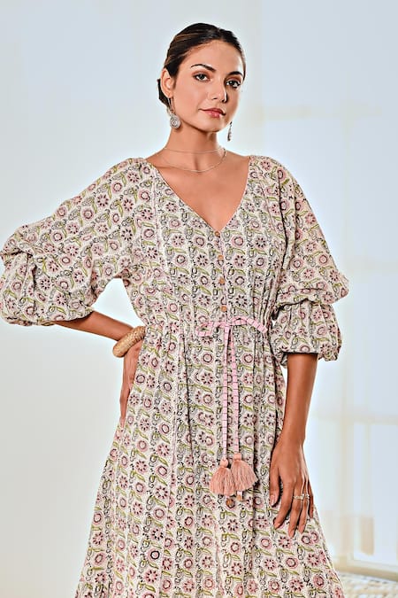 Buy Moontara White Cotton V-neck Ditsy Print Balloon Sleeve Dress Online at Aza Fashions Buy_Moontara_White Cotton V-neck Ditsy Print Balloon Sleeve Dress _Online_at_Aza_Fashions