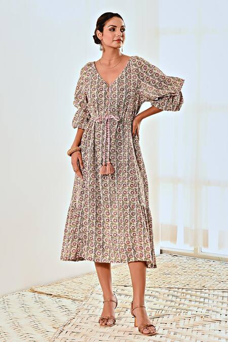Shop Moontara White Cotton V-neck Ditsy Print Balloon Sleeve Dress Online at Aza Fashions Shop_Moontara_White Cotton V-neck Ditsy Print Balloon Sleeve Dress _Online_at_Aza_Fashions