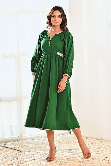 MoonTara Green Cotton Notched Balloon Sleeve Dress 