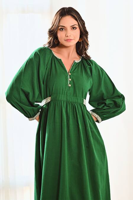 Shop_Moontara_Green Cotton Split V-neck Balloon Sleeve Dress_Online_at_Aza_Fashions