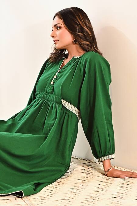 Moontara_Green Cotton Split V-neck Balloon Sleeve Dress_at_Aza_Fashions
