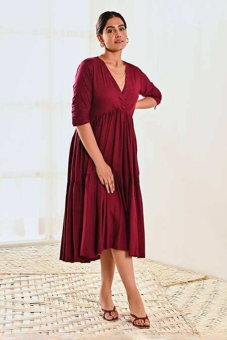 Moontara_Magenta Cotton V Neck Asymmetric Tiered Dress_Online_at_Aza_Fashions