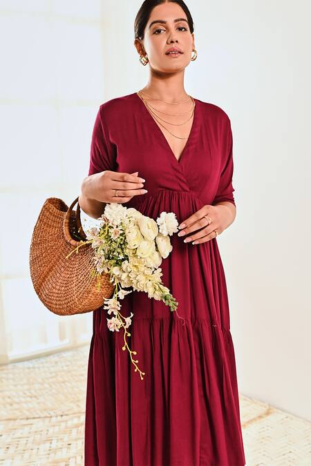 Moontara_Magenta Cotton V Neck Asymmetric Tiered Dress_at_Aza_Fashions