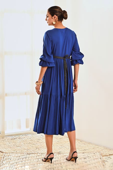 Shop Moontara Blue Cotton V-neck Tiered Dress With V at Aza Fashions Shop_Moontara_Blue Cotton V-neck Tiered Dress With V _at_Aza_Fashions