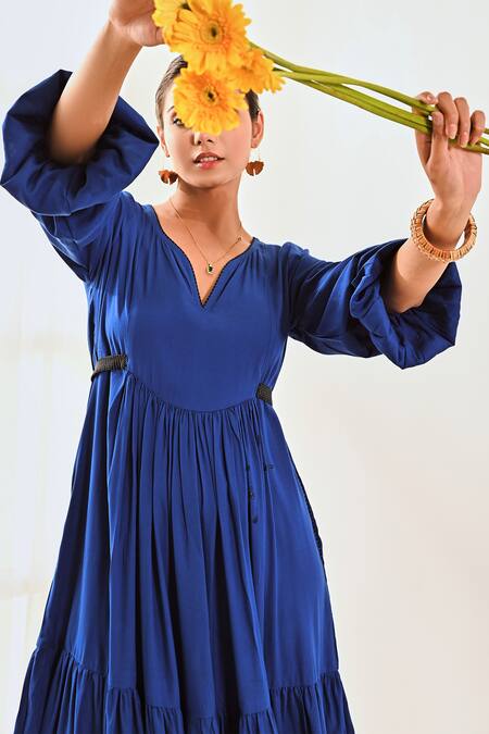 Moontara Blue Cotton V-neck Tiered Dress With V Online at Aza Fashions Moontara_Blue Cotton V-neck Tiered Dress With V _Online_at_Aza_Fashions