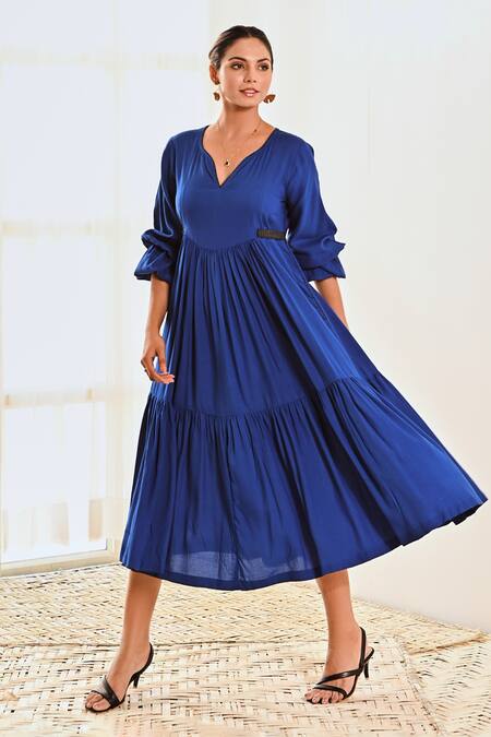 Buy Moontara Blue Cotton V-neck Tiered Dress With V Online at Aza Fashions Buy_Moontara_Blue Cotton V-neck Tiered Dress With V _Online_at_Aza_Fashions