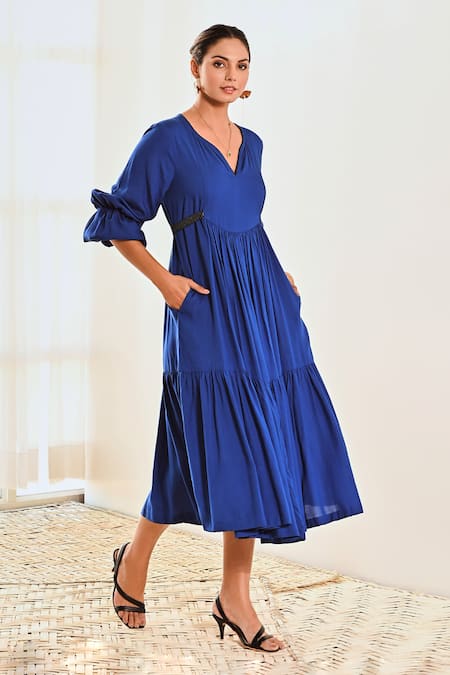 Shop Moontara Blue Cotton V-neck Tiered Dress With V Online at Aza Fashions Shop_Moontara_Blue Cotton V-neck Tiered Dress With V _Online_at_Aza_Fashions