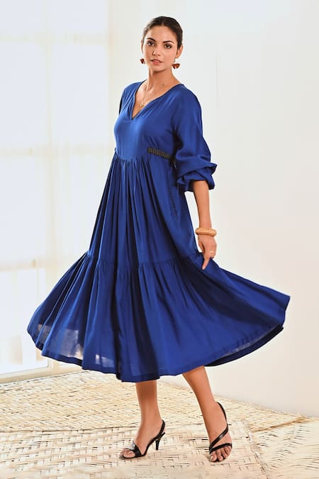 Moontara Blue Cotton V-neck Tiered Dress With V at Aza Fashions Moontara_Blue Cotton V-neck Tiered Dress With V _at_Aza_Fashions