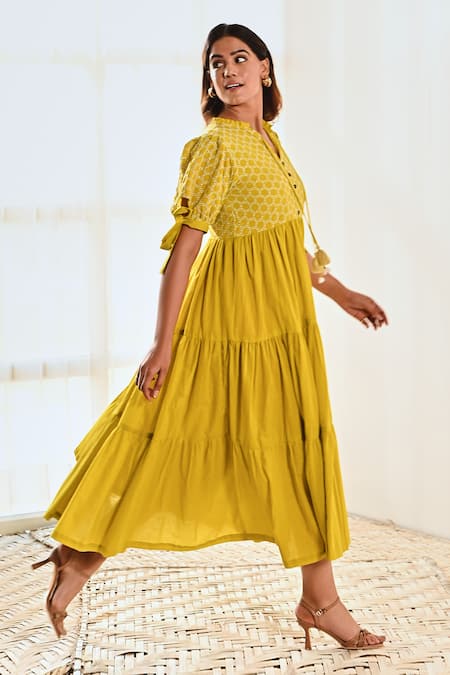 Moontara_Yellow Cotton Tassels V-neck Tie-up Sleeve Dress _Online_at_Aza_Fashions