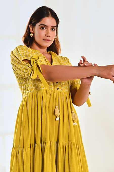 Buy_Moontara_Yellow Cotton Tassels V-neck Tie-up Sleeve Dress _Online_at_Aza_Fashions