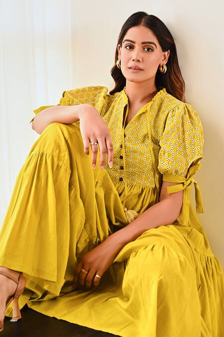 Shop_Moontara_Yellow Cotton Tassels V-neck Tie-up Sleeve Dress _Online_at_Aza_Fashions