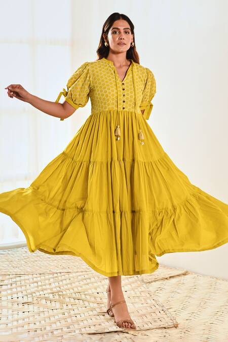 Moontara_Yellow Cotton Tassels V-neck Tie-up Sleeve Dress _at_Aza_Fashions