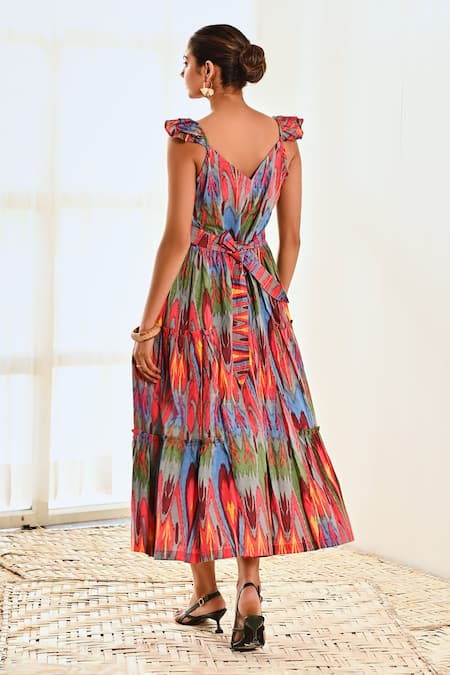 Shop Moontara Red Cotton V-neck Ikat Print Dress at Aza Fashions Shop_Moontara_Red Cotton V-neck Ikat Print Dress _at_Aza_Fashions