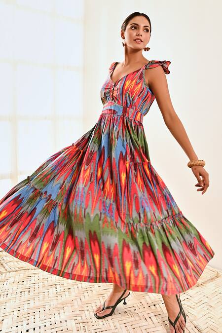 Shop Moontara Red Cotton V-neck Ikat Print Dress Online at Aza Fashions Shop_Moontara_Red Cotton V-neck Ikat Print Dress _Online_at_Aza_Fashions